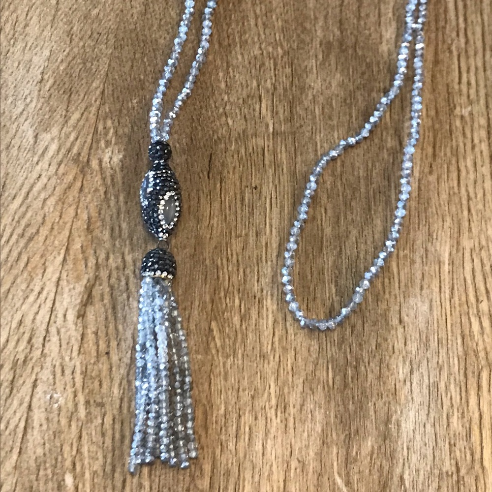 Light Gray glass beaded Necklace  rhinestone charm